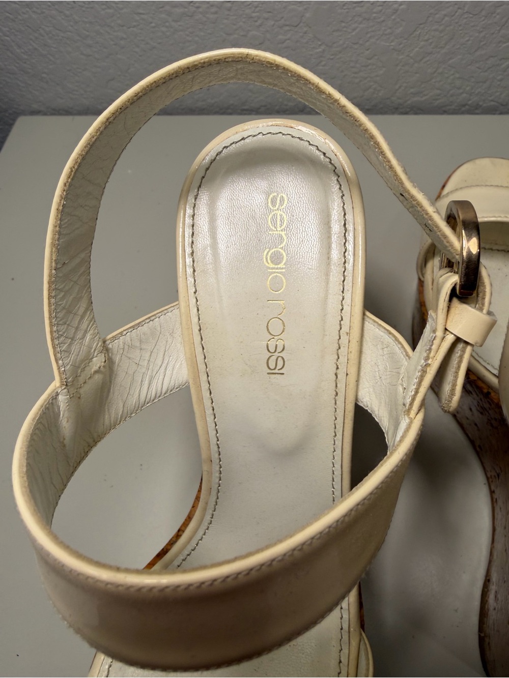 Sergio Rossi Cream Cork Wedge Sandals with Ankle Strap - Picture 4 of 4